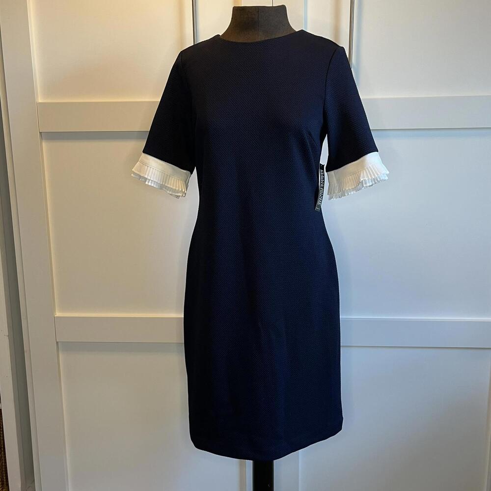 Elegant Navy Dress with Pleated Sleeves by New York & Co, NWT, Size XS